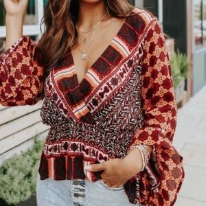 NWT Small Free People Rosalie Wrap Top Bell Sleeves Cinched Waist Coral Combo